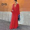 Women Evening Dress Deep V Neck Pleated Long Sleeves Solid Color High Waist Vacation Beach Party Maxi Dress Prom Long Dress