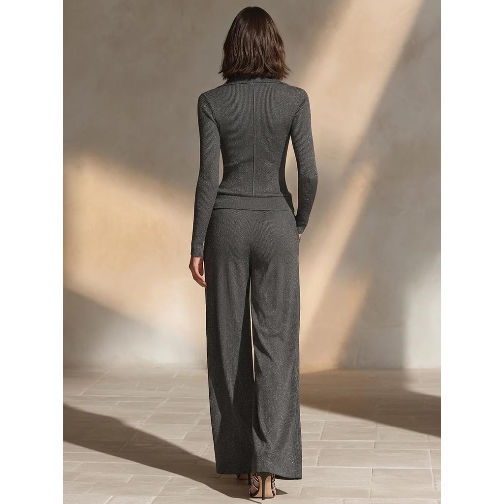 Women Knitted 2 Piece Outfit, Zip Lapel Long Sleeve Slim Knit Top & High Waist Wide Leg Pants Set Elegant Casual Matching Suit