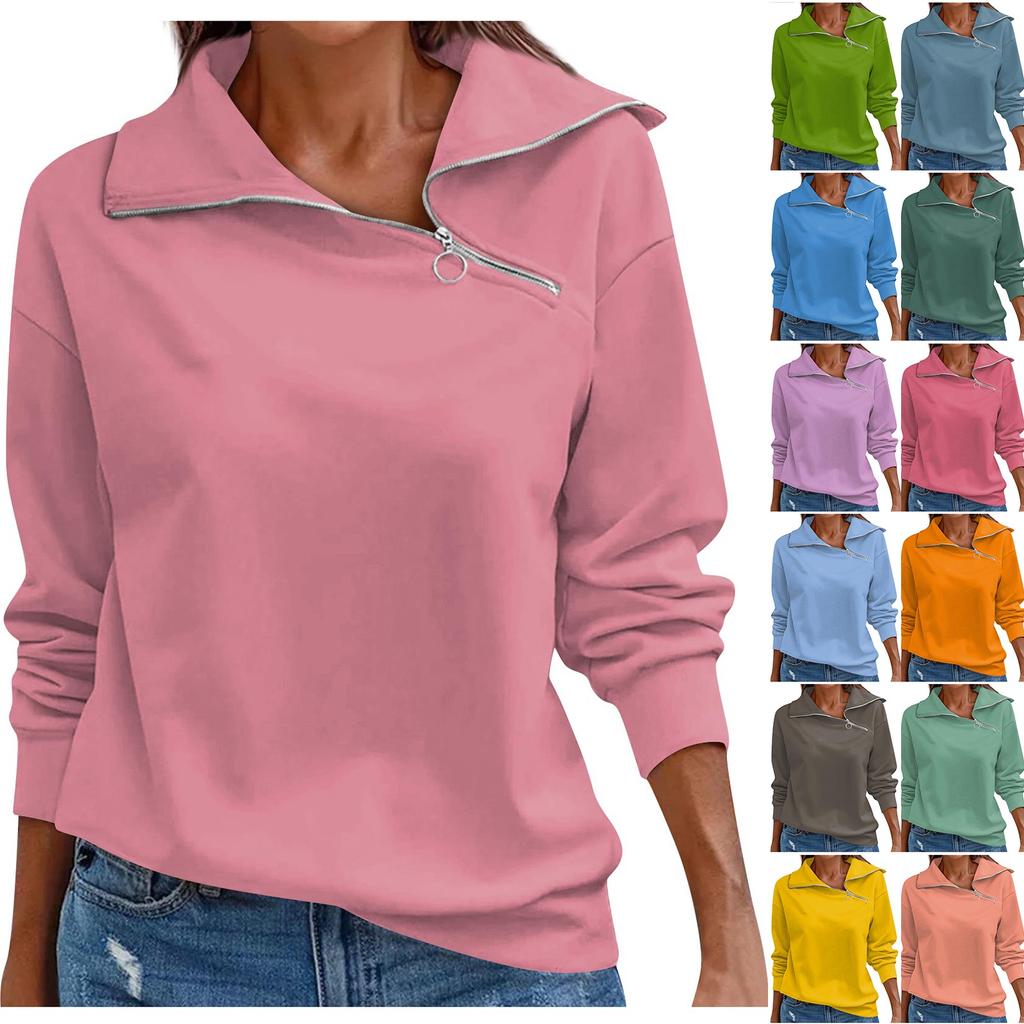 Women's Autumn And Winter T-shirt Fashion Loose Women Pullover Sports Tops Quarter Zip Casual V Neck Long Sleeve Top
