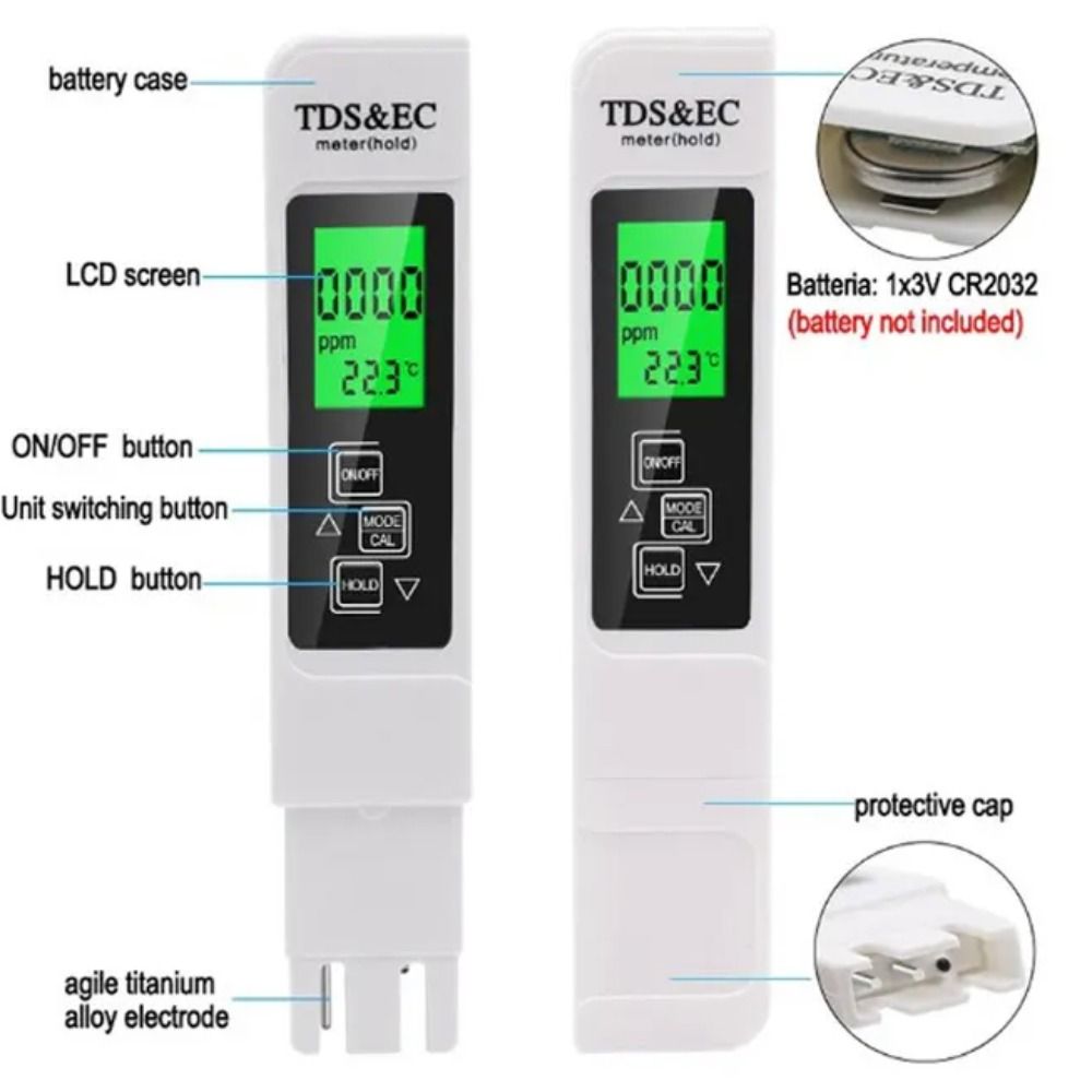 3 In 1 TDS, EC & Temperature Meter Large Backlit Screen Water Analyzer Drinking Water
