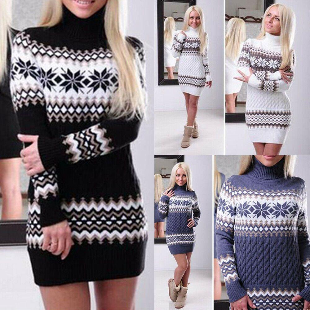 Elegant Christmas Woman Turtleneck Sweater Dress With Festive Snowflake Pattern