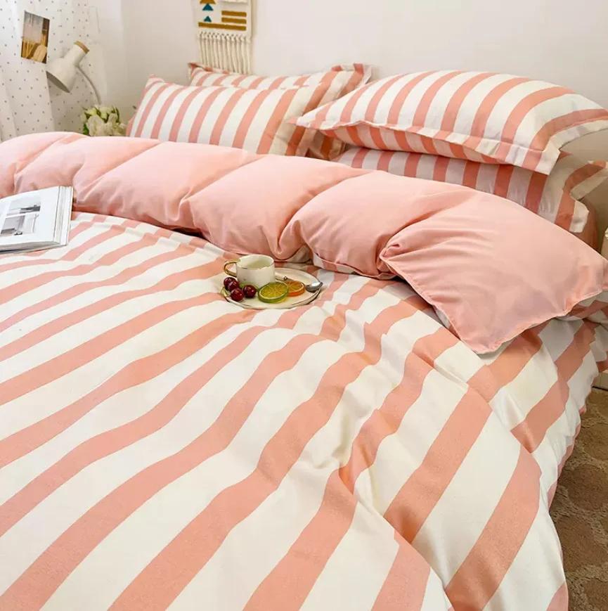 Striped Flower Duvet Cover Set + Flat Sheet + 2pc Pillowcases Single Double Twin Queen King Size Bed Linen Bedding Textile B90F