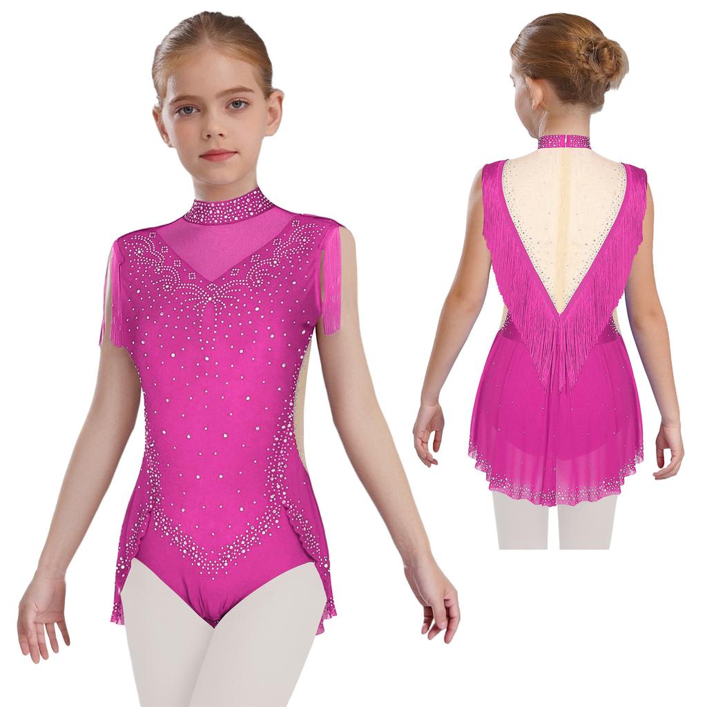 Girls Rhinestone Dance Leotard - Sparkling Mock Neck Bodysuit with Sheer Mesh & Tassel Skirt, Invisible Zipper Back