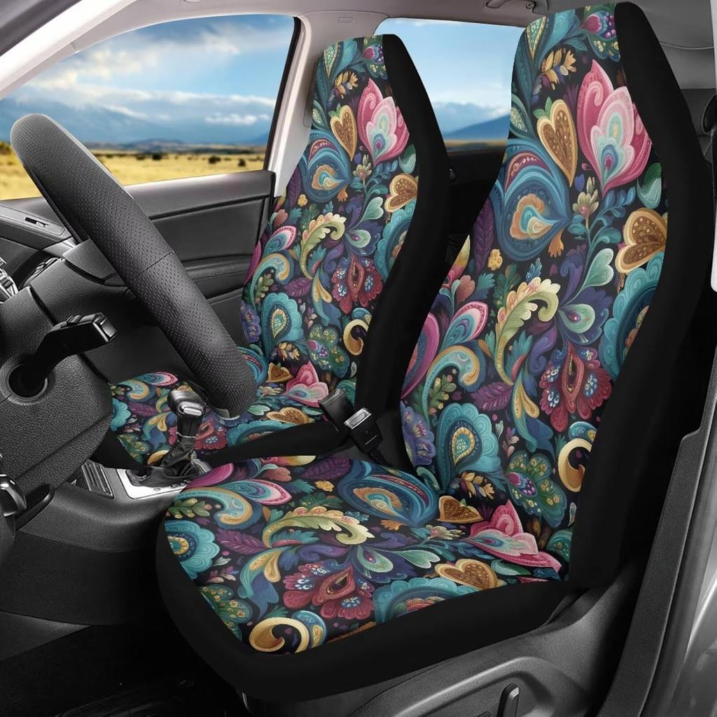 Чехлы на сиденья автомобиля Bulopur Black Boho Цветочные, Только для передних сидений, для женщин и мужчин, с карманом-органайзером, для автомобилей, внедорожников, грузовиков, седанов