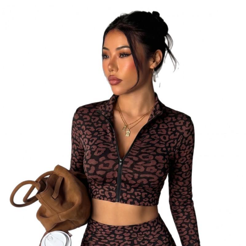 Womens Long Sleeve Leopard Print Zipper Full-Finger Tight Fitness Set With Removable Inner Lining