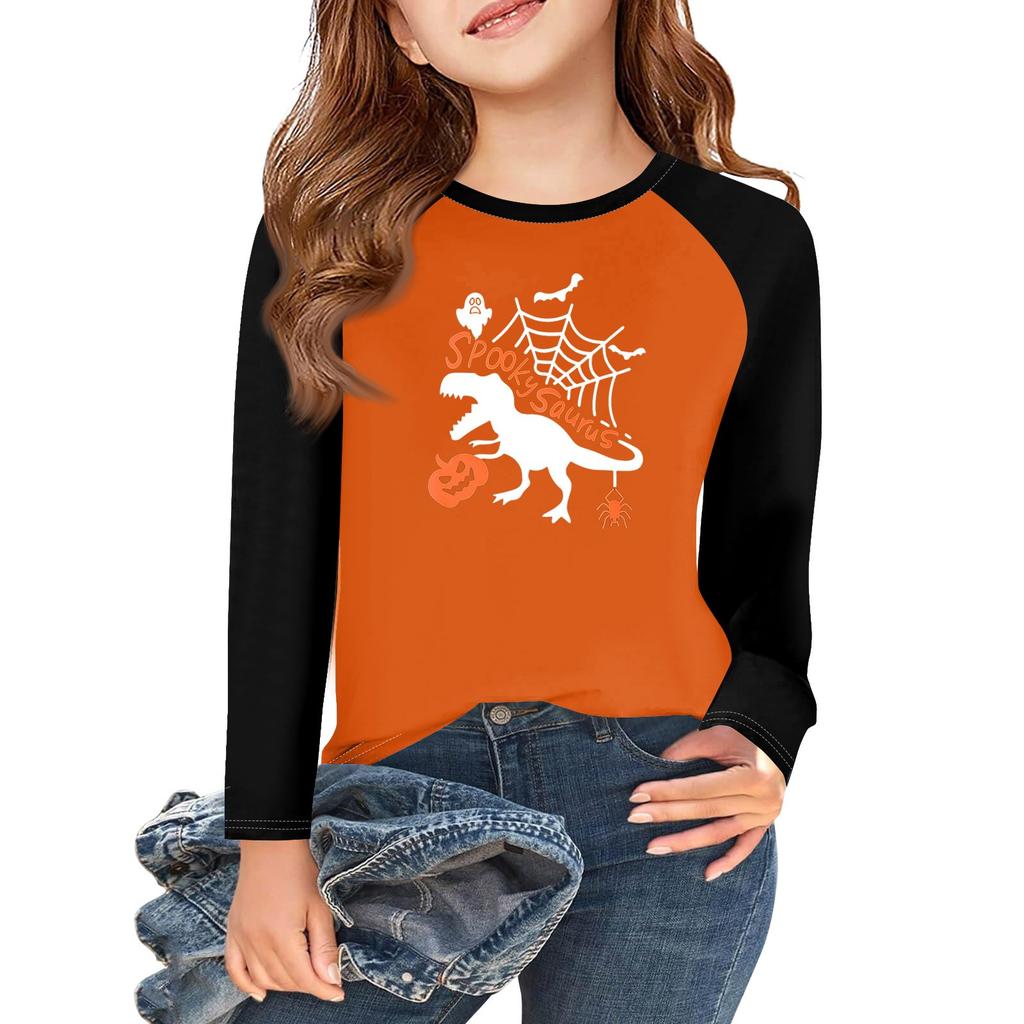 Футболки с длинным рукавом для девочек на Хэллоуин, детские осенние топы с круглым вырезом, базовые футболки 5-14 лет