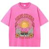 Винтажные женские футболки с кислотной стиркой Here Comes The Sun Printing Tees Crewneck Cotton Oversize Short Sleeve Clothes