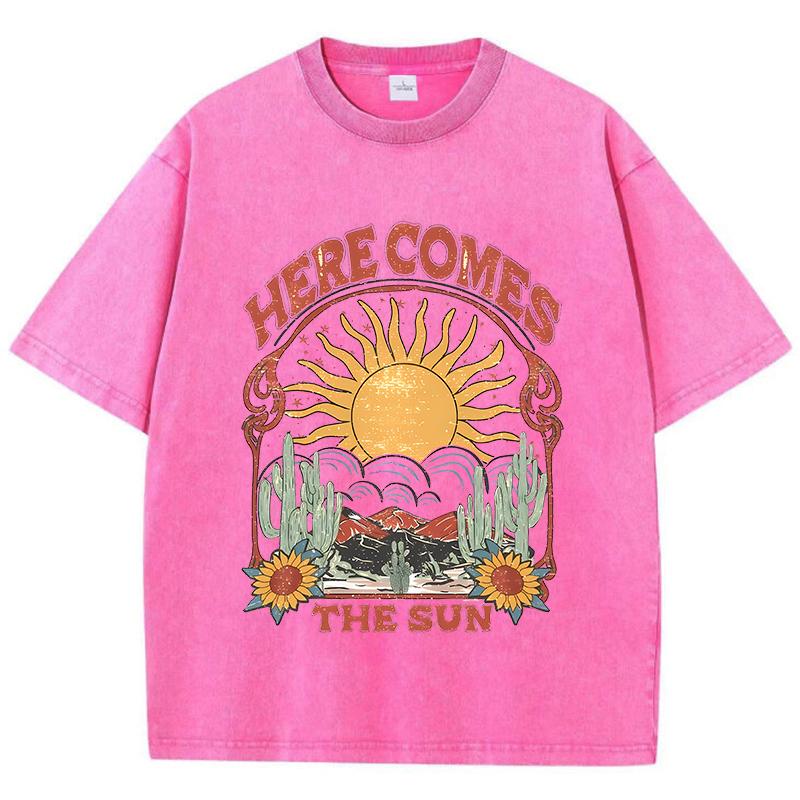Винтажные женские футболки с кислотной стиркой Here Comes The Sun Printing Tees Crewneck Cotton Oversize Short Sleeve Clothes