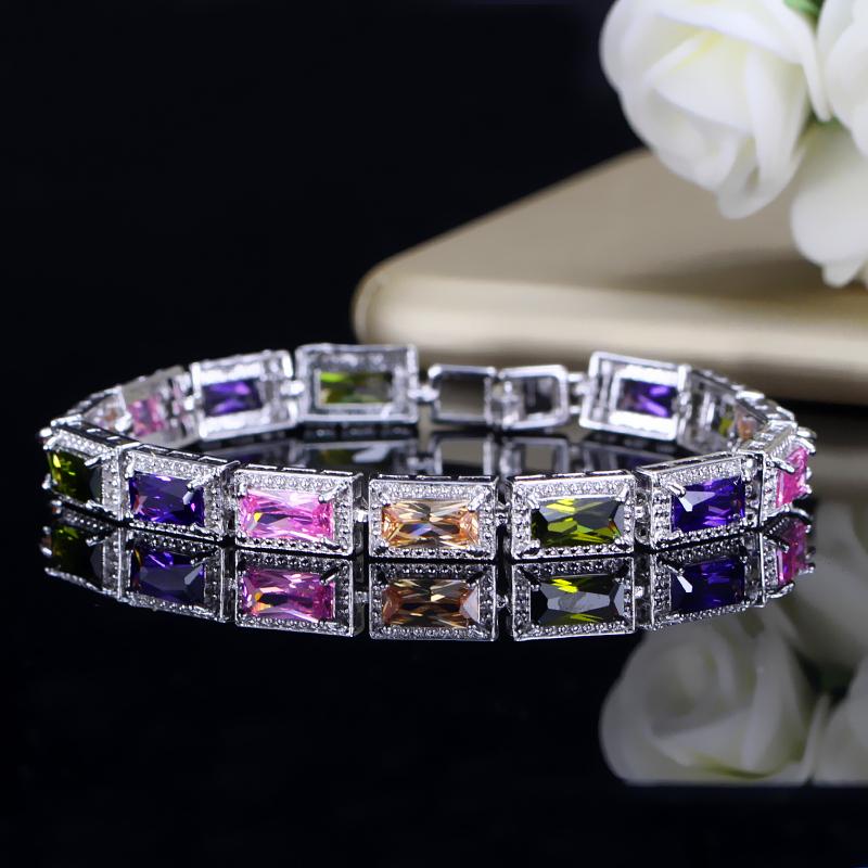 WWJ Trendy Women Wedding Wristband Princess Cut Cubic Zirconia Multi Color Bracelet