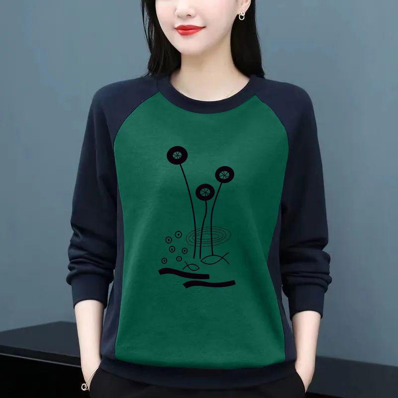 Теплая футболка с круглым вырезом и длинным рукавом, женская блузка с принтом в стиле пэчворк, женская футболка, свободный повседневный свитер для женщин среднего возраста