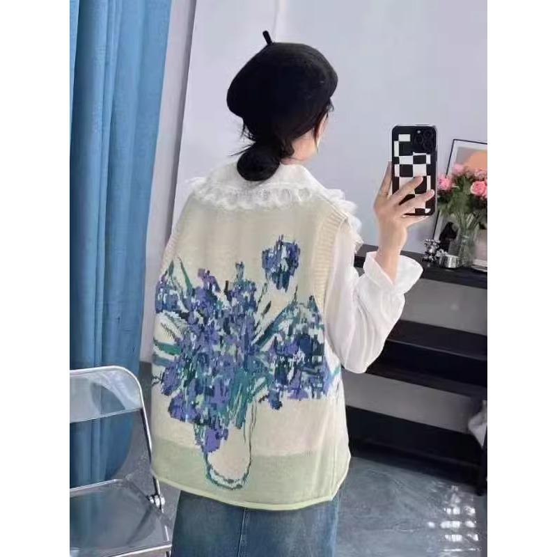 DIMANAF 2023 Новый жилет больших размеров большого размера Осенние женские свитера с узором и принтом Вязание Модные свободные свитера больших размеров Синий Базовый повседневный стиль Свободный свитер