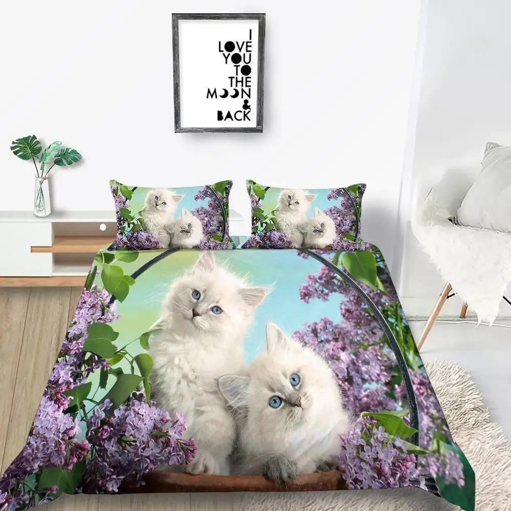 Cat Duvet Cover Collection King Size Microfiber Cute Animal Print Girl Teen Boy Comforter Cover Lovely Kitty Series Pattern Bedding Collection