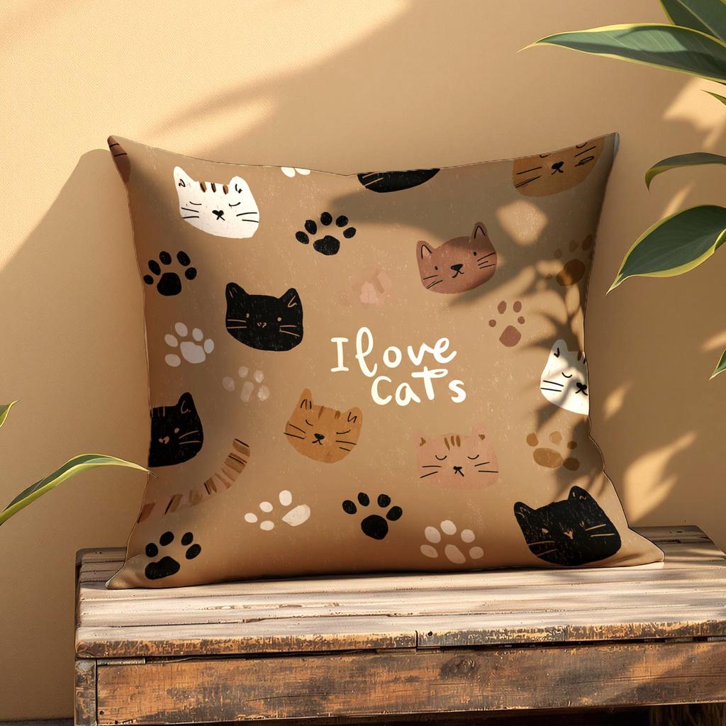 Cute I Love Cats Pillow Cover Boho Cat Paw Print Cushion Case Cozy Kitten Cat Lover Gift Home Decor
