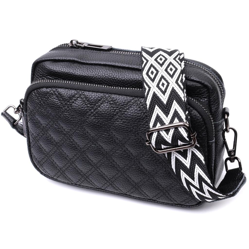 Women's Bag Stitched with Diamonds On the Front Side Made of Genuine Leather Vintage 22634 Black