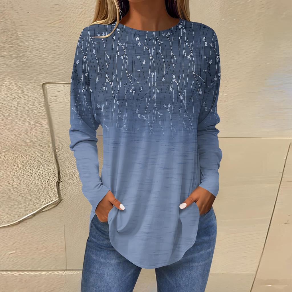 Женская свободная футболка с длинным рукавом с круглым вырезом и принтом, верхний пуловер
