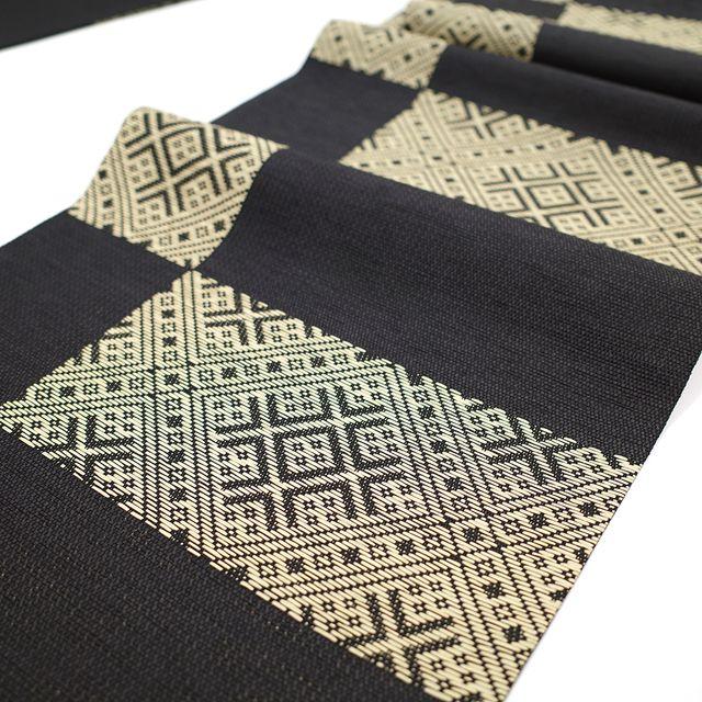 Used [] Fukuro obi Yonezawa Kinken Orimono Horaiya Pure silk Washi paper Sashiko style Black Beige Change checkered pattern Diamond pattern Complete
