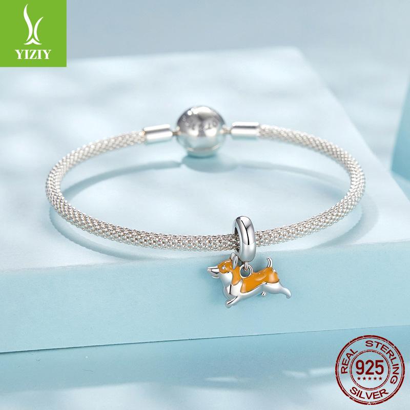 S925 Стерлинговое серебро Милый питомец Щенок Корги Подвеска Сделай сам Ожерелье Браслет Бусины Мода Свободная бусина Аксессуары