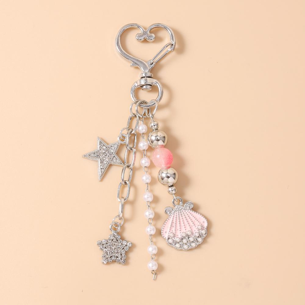 Pretty Crystal Star Shell Star Keychain Pearl Beads Key Ring Pendant for Women Girls Handbag Decor DIY Key Chain Jewelry Gifts