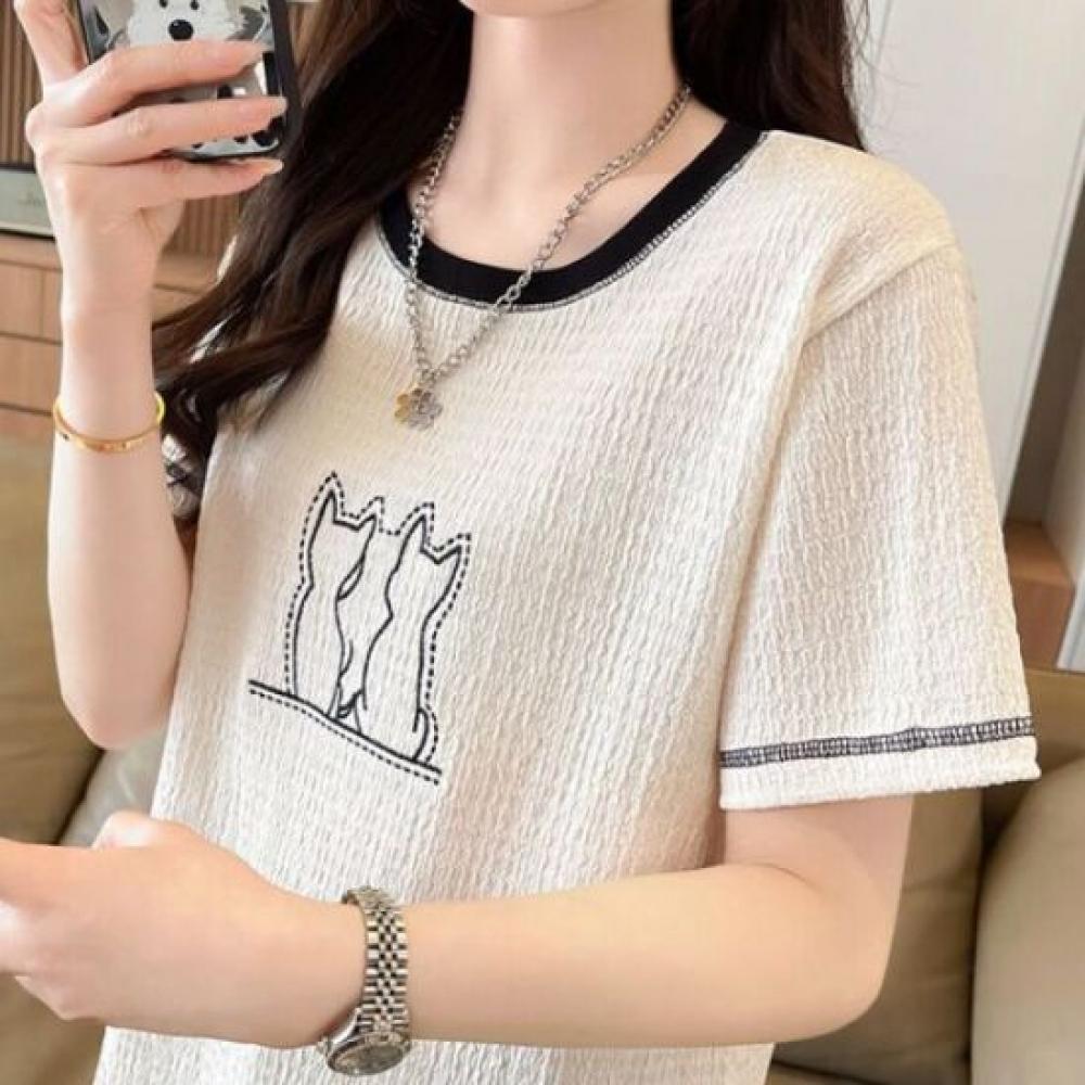 Navava Women CaT PrinTing Color Block Round Neck ShorT Sleeve T shirT nT3274