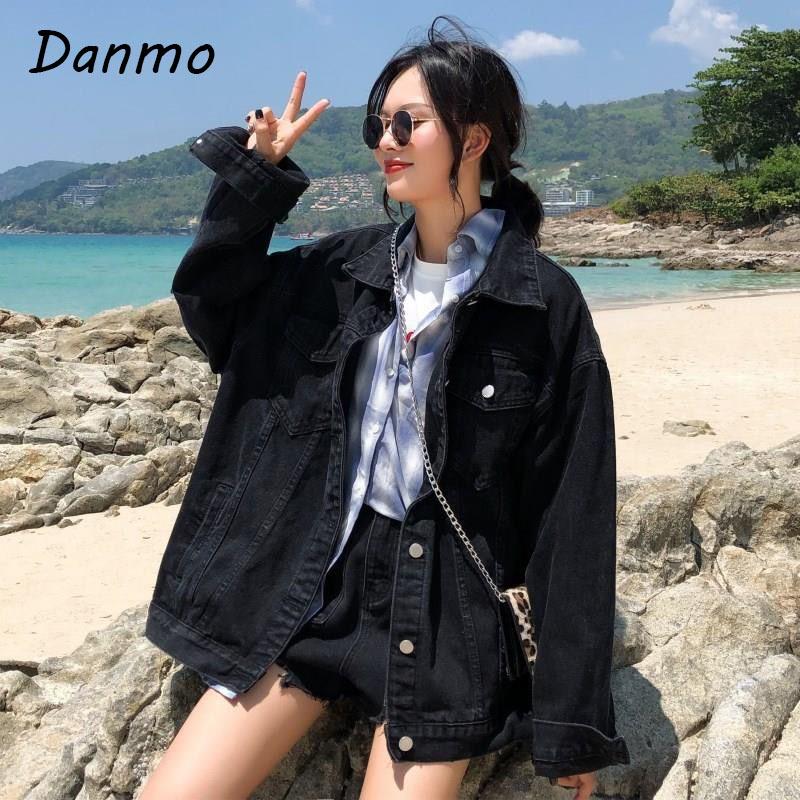 Женская однотонная куртка Danmo, черная модная свободная большая уличная одежда в стиле Харадзюку, студенческий топ, джинсовая куртка для женщин