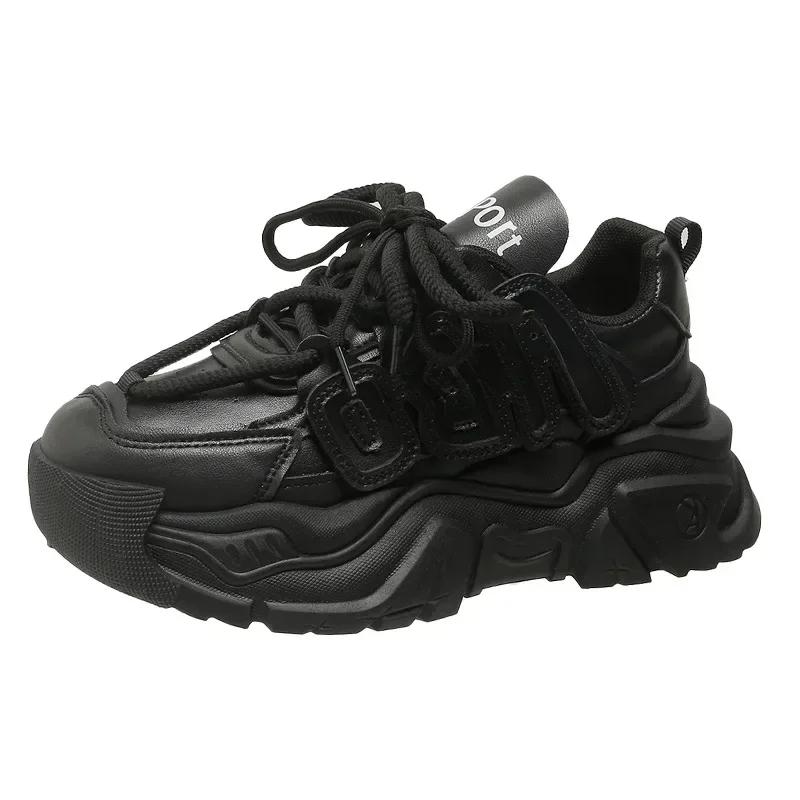 Женские кроссовки на толстой платформе, модные, осенние, новые, черные, на платформе, кроссовки для женщин, нескользящая, толстая подошва, спортивная обувь