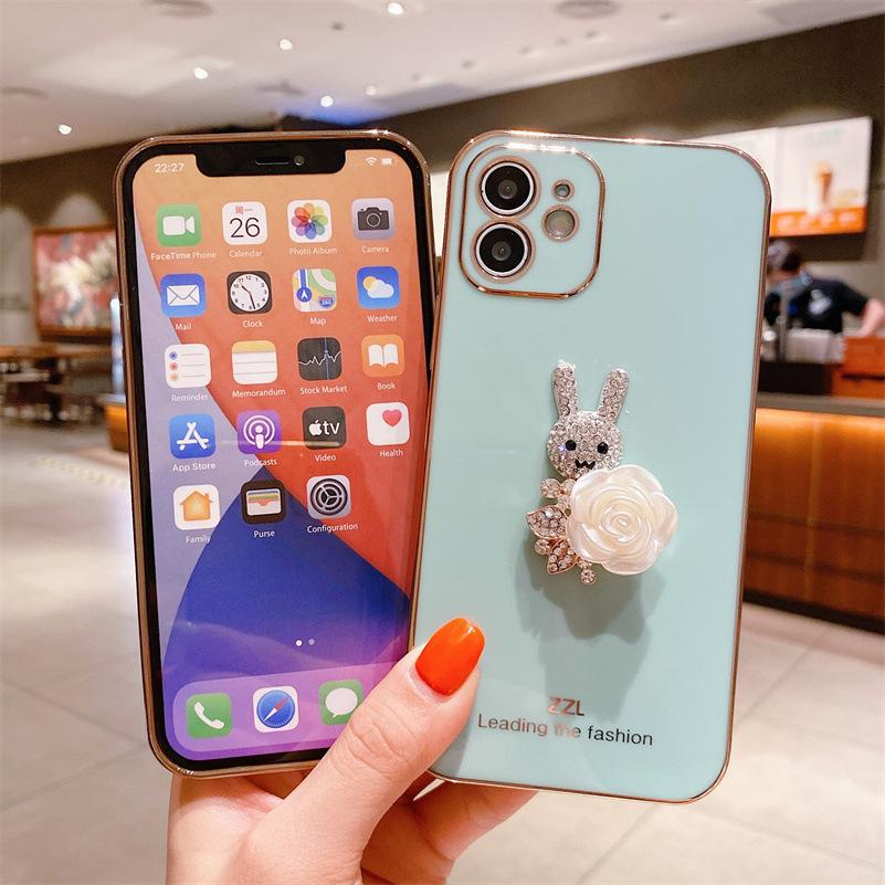 Электроplated Чехол для iPhone с кроликом и стразами - Подходит для iPhone 7/11/12/13/14 Pro и других