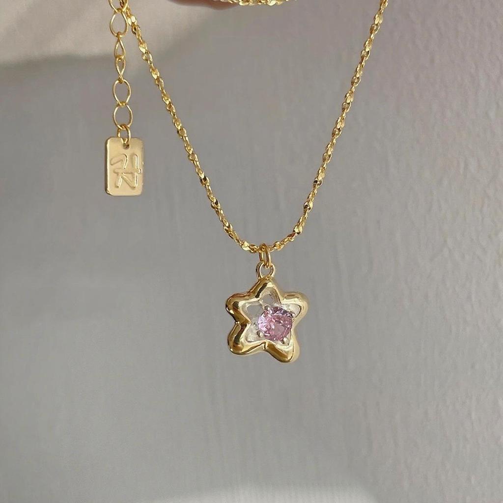 Японское и корейское ожерелье-подвеска в виде звезды с розовым цирконом - Изысканный чокер для ключицы класса люкс