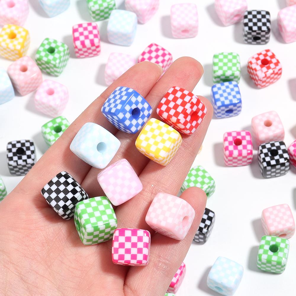 10Pcs 13mm Acrylic Beads Colorful Checkerboard Pattern Large Hole Square Beads For Craft Bracelet Making DIY Jewelry Accessories