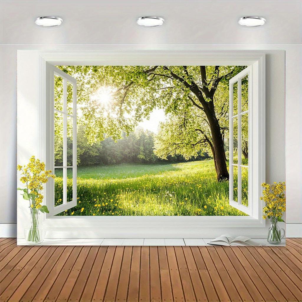 White Window Theme Spring Garden Serene Forest Scene Tapestry Tapestry Wall Hanging for Living Room Bedroom Office
