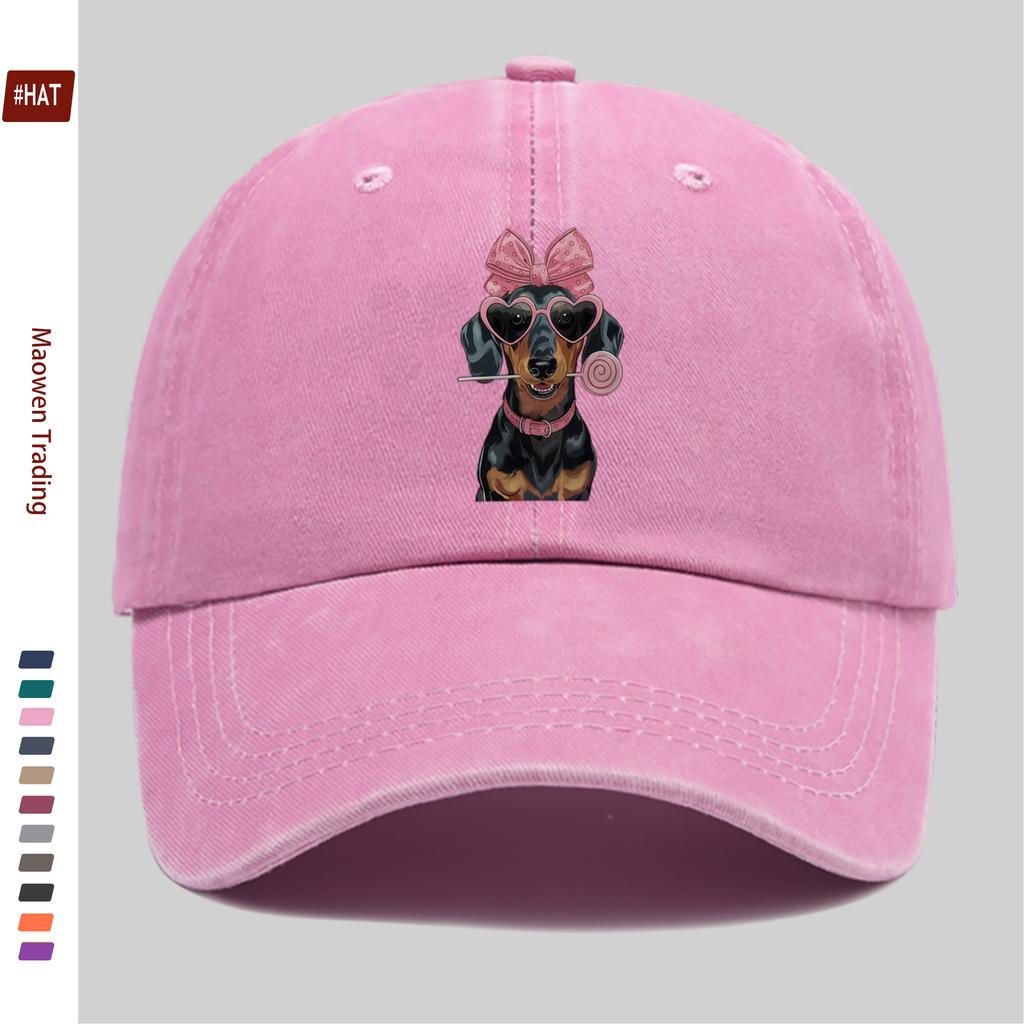 pc Cute Dachshund Pattern Printed Baseball Cap with Pink Bow Design Sun Hat Comfortable Lightweight Trucker Style Decor Hat A