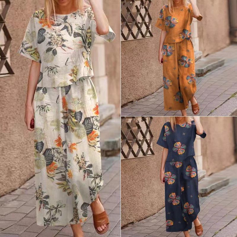 Spring and Summer Loose and Elegant Casual Printed Cotton and Linen Short-sleeved Fashionable Sportswear Set