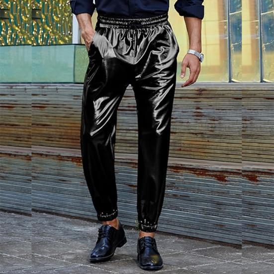 Мужские брюки для выступлений, эластичный пояс на шнурке, облегающий щиколотку, с карманами, глянцевая поверхность, брюки в стиле диско, брюки для сцены, вечеринки, ночного клуба, косплея