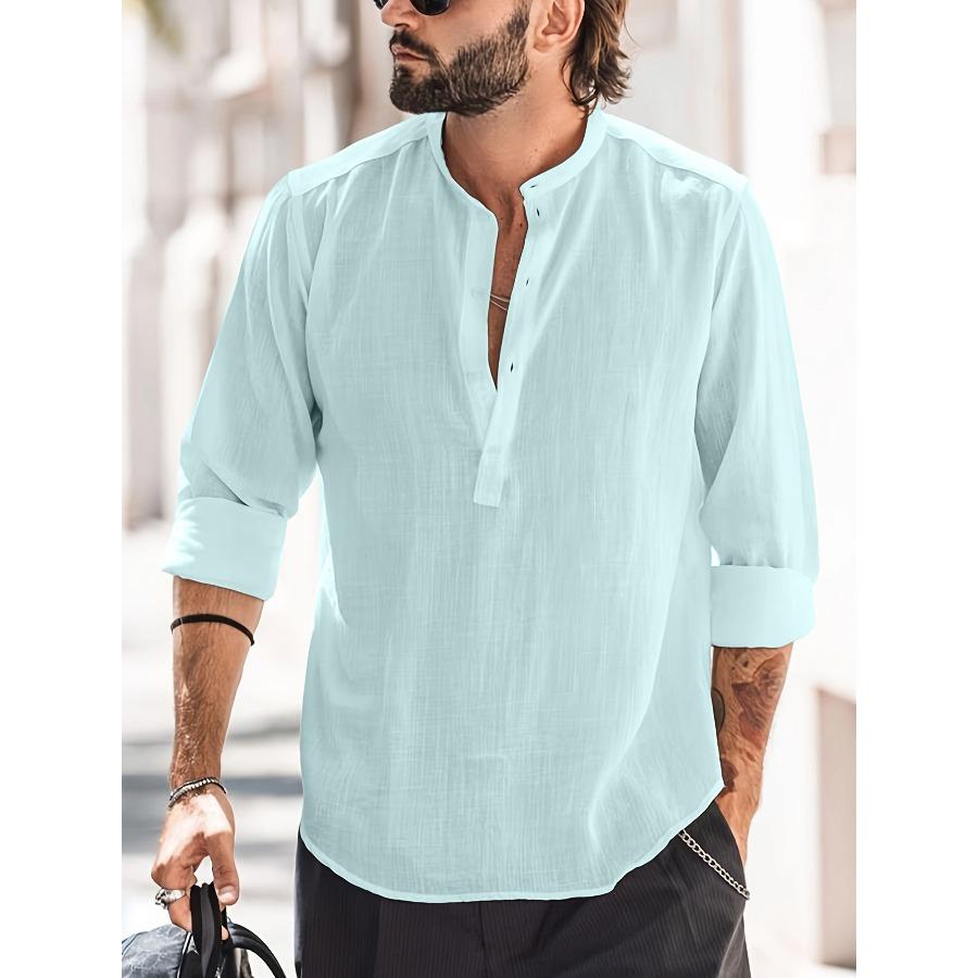 Men Henry Shirt Men's Casual Thin Cotton Linen Shirt White Black Khaki Stand Up Collar Straight Solid Color Long Sleeve Top