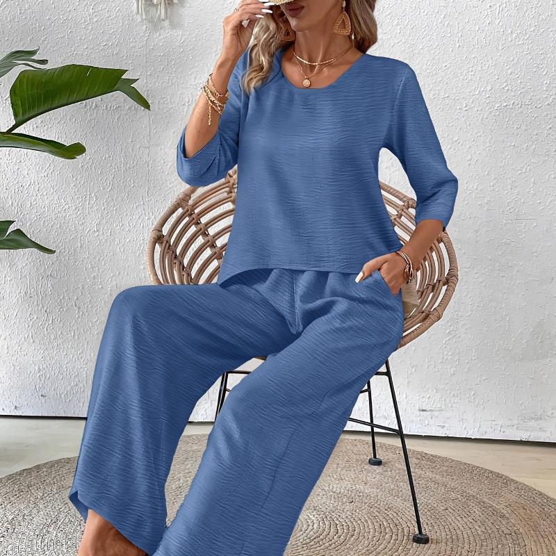 Элегантный отпускной однотонный топ с рукавом три четверти и комплект широких брюк