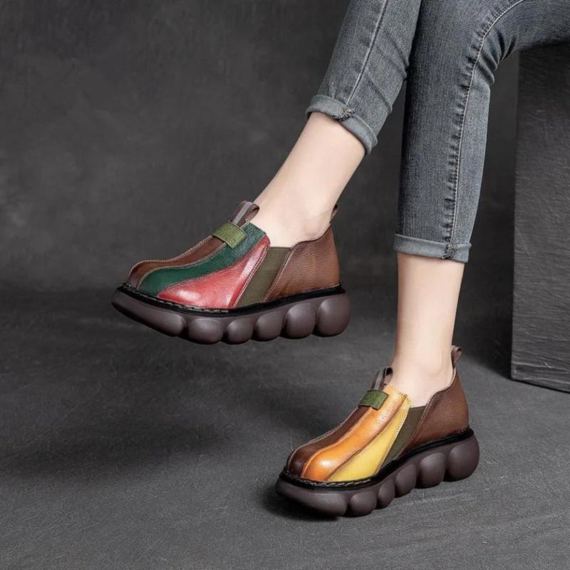 Fashion Autumn 2024 New Fashion Ethnic Style Retro Handmade Rainbow Color Female Leather Thick Sole Cake and Casual Shoes