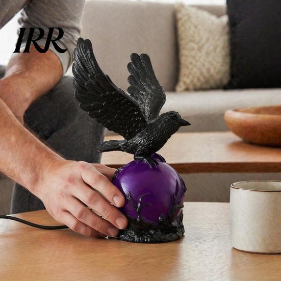 Unique Animal Lamp Gothic Raven LED Ball Lamp, Mysterious Crow on Orb Sculpture, Intricate Resin Sculpture Halloween Decorative Table for Bedside