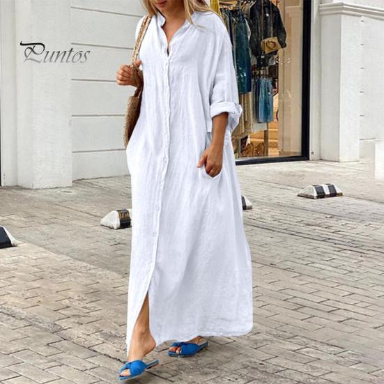 Spring Summer Women Dress Plus Size Loose Pure Color Single-breasted Pockets V Neck Long Sleeves Split Hem Soft Breathable Casual Ankle Length Maxi