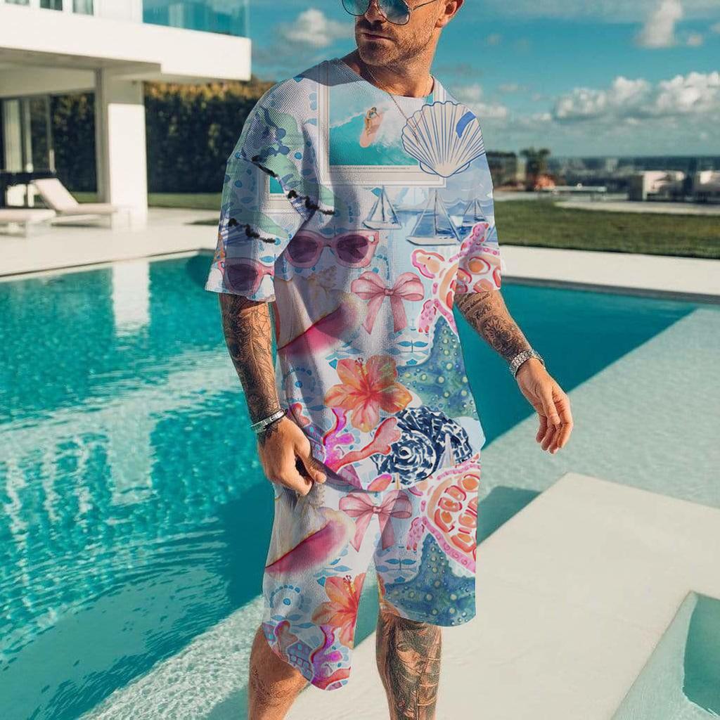 Гавайский мужской комплект, повседневная футболка, пляжные брюки, костюм, повседневный стильный мужской топ с коротким рукавом, для отдыха на природе, мужские футболки, короткий комплект из двух предметов