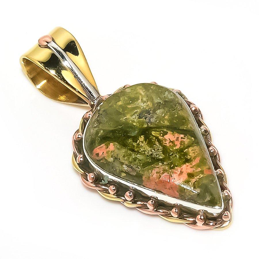 Подвеска из натурального драгоценного камня унакит из двухцветного стерлингового серебра 925 пробы 1,50'' Q7A78