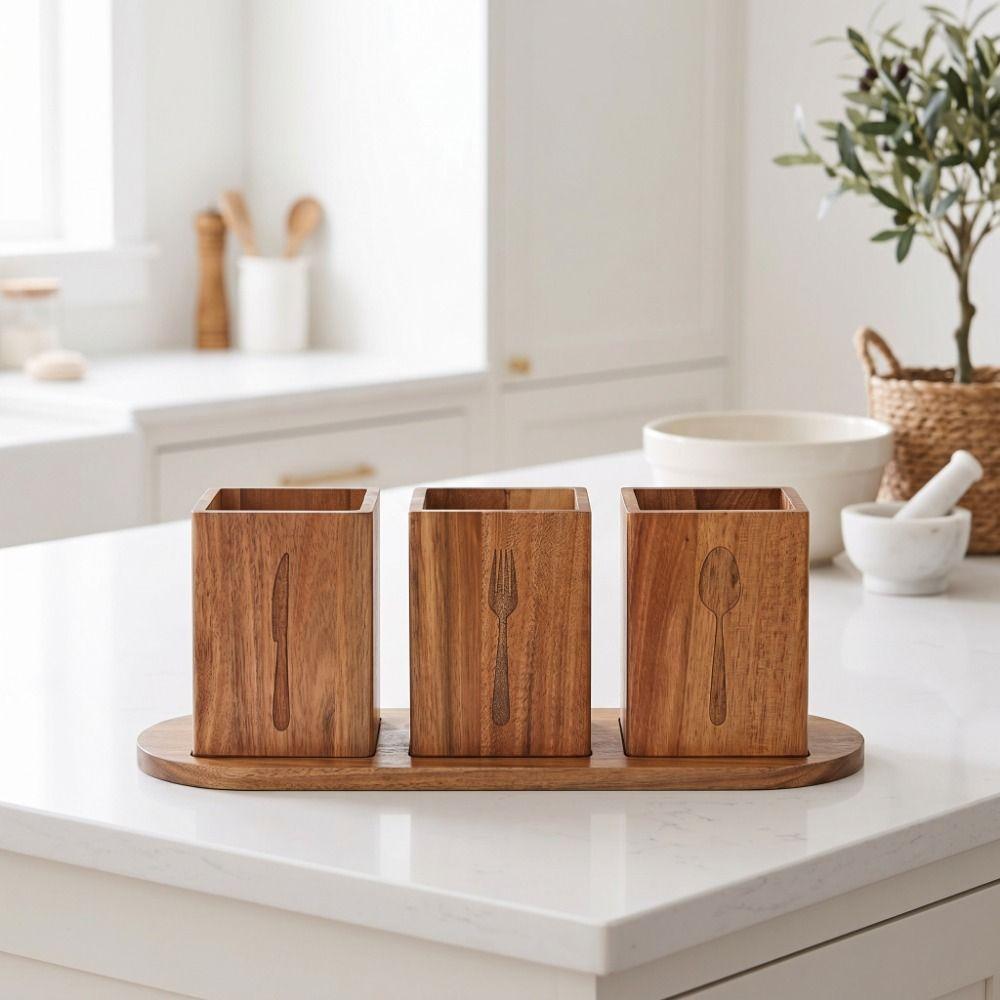 Space Saving 3 Compartment Cutlery Holder Wooden Flatware Organizer Farmhouse