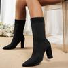 Женские черные вязаные полусапоги, с острым носком, на толстом каблуке, облегающие ботильоны, больших размеров, осенне-зимняя обувь