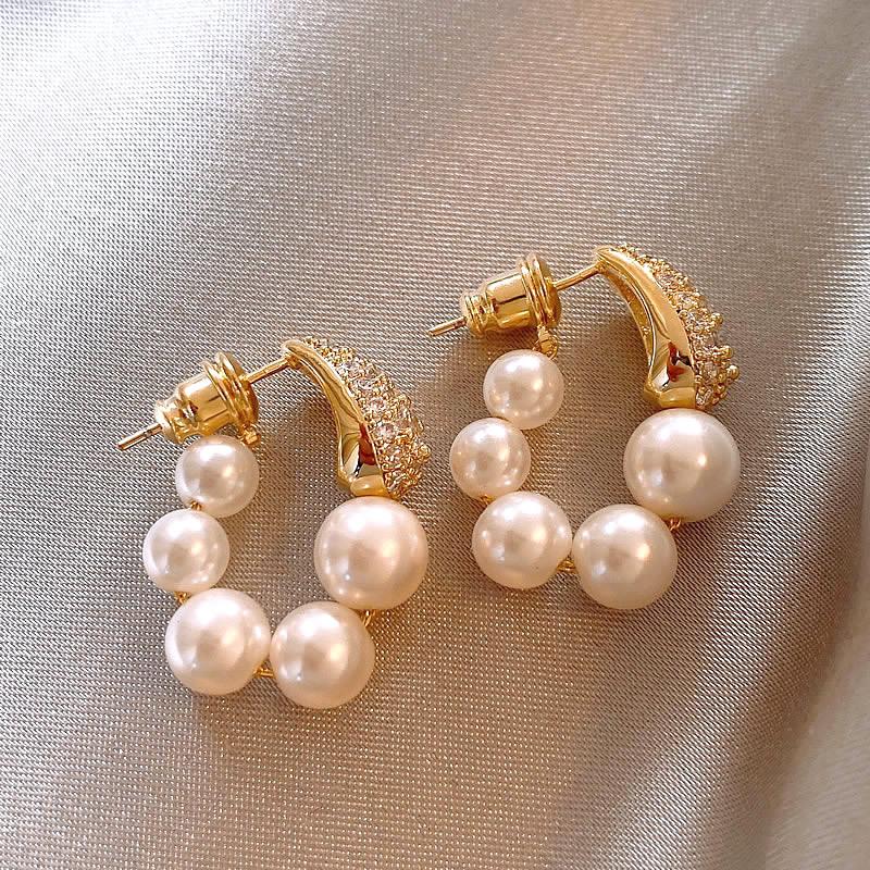 French Retro Imitation Pearl Hoop Earrings for Women Hanging Rhinestone Waterdrop Earrings Girl Luxury Two Wear Way Jewelry