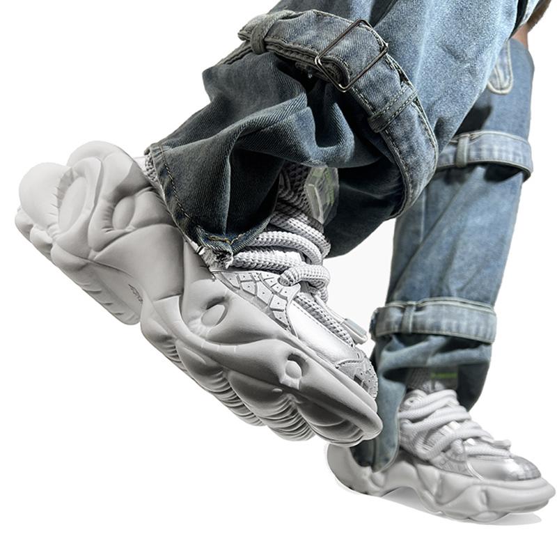 Fashion Super Soft Thick Sole Women/men Sport Shoes Lace Up Breathable Mesh Sneaker Casual Slippers Black/silver Platform Shoes