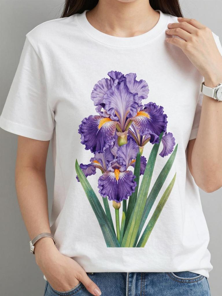 Purple Flower-Themed Teenager'S Short-Sleeved Shirts Casual Crew Neck T-Shirt with Block Print And A
