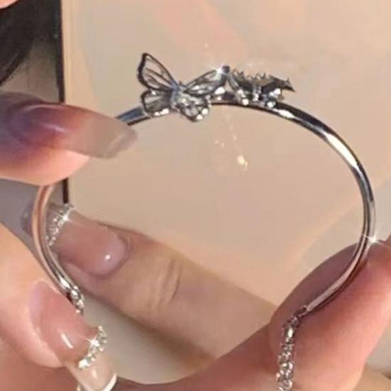 Women Bracelet Chain Opening Decor Adjustable Half Bangle Tassel Butterfly Pendant Solid Color Stainless Polished