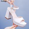 Square toe Strap Buckle White Women Gladiator Sandals Summer Platform Wedges Thick High heels Chunky Shoes Party Shoes