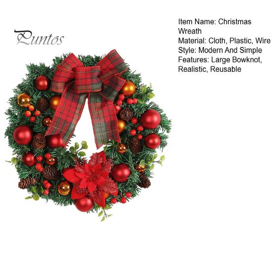 Рождественский венок с красным клетчатым бантом Сосновая шишка Игольчатый шар Ягода Многоразовый праздник Крытый открытый Окно Передняя дверь Настенный подвесной искусственный