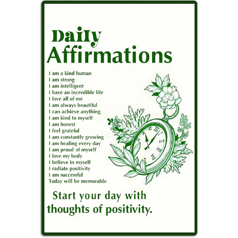 Daily Positive Affirmations Posters pirational Metal Tin Sign Green Boho Room Aesthetic Decoration Home Office Classroom Cafe Bar Wall Decor 8x12