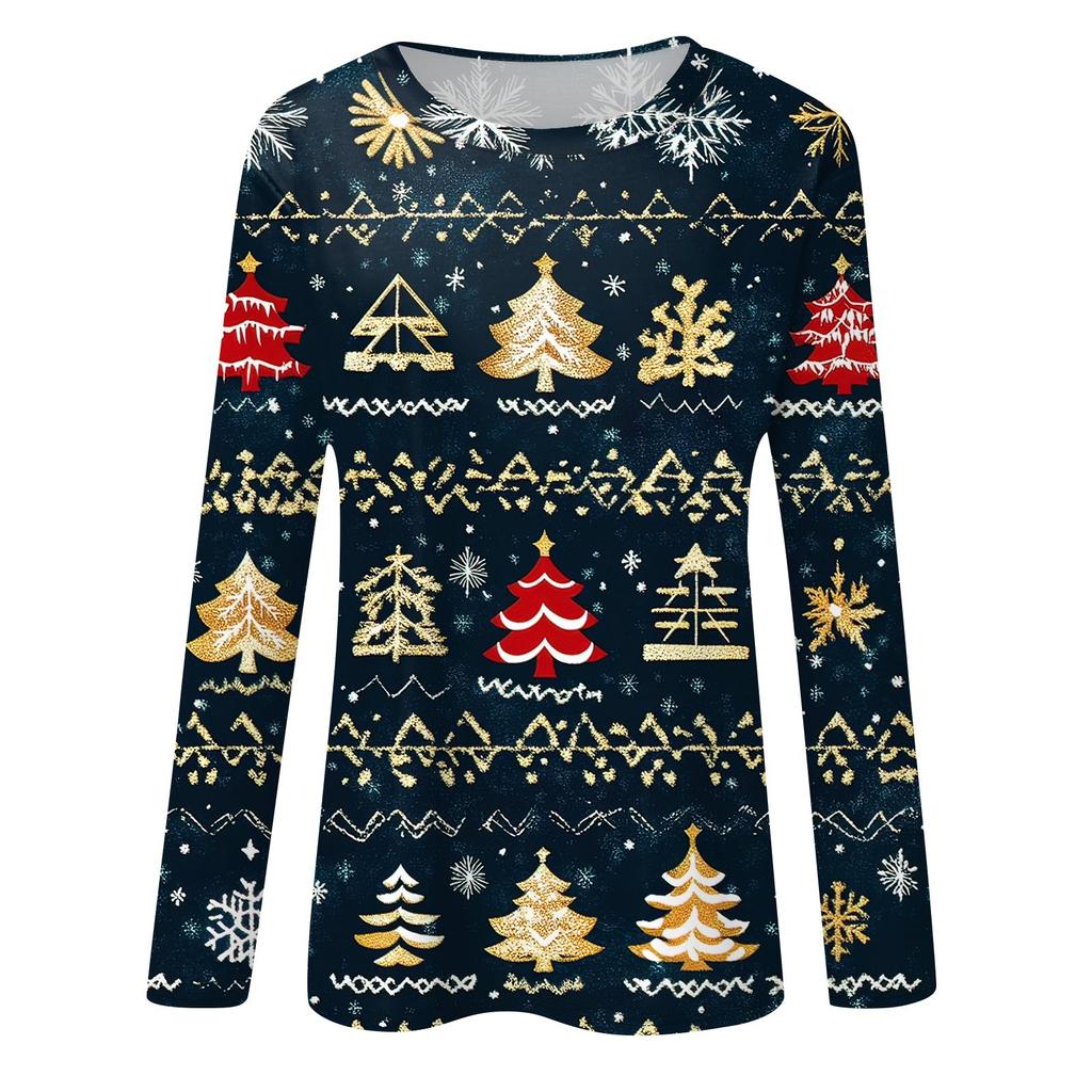 Женская мода повседневный рождественский принт круглый вырез длинный рукав пуловер топ