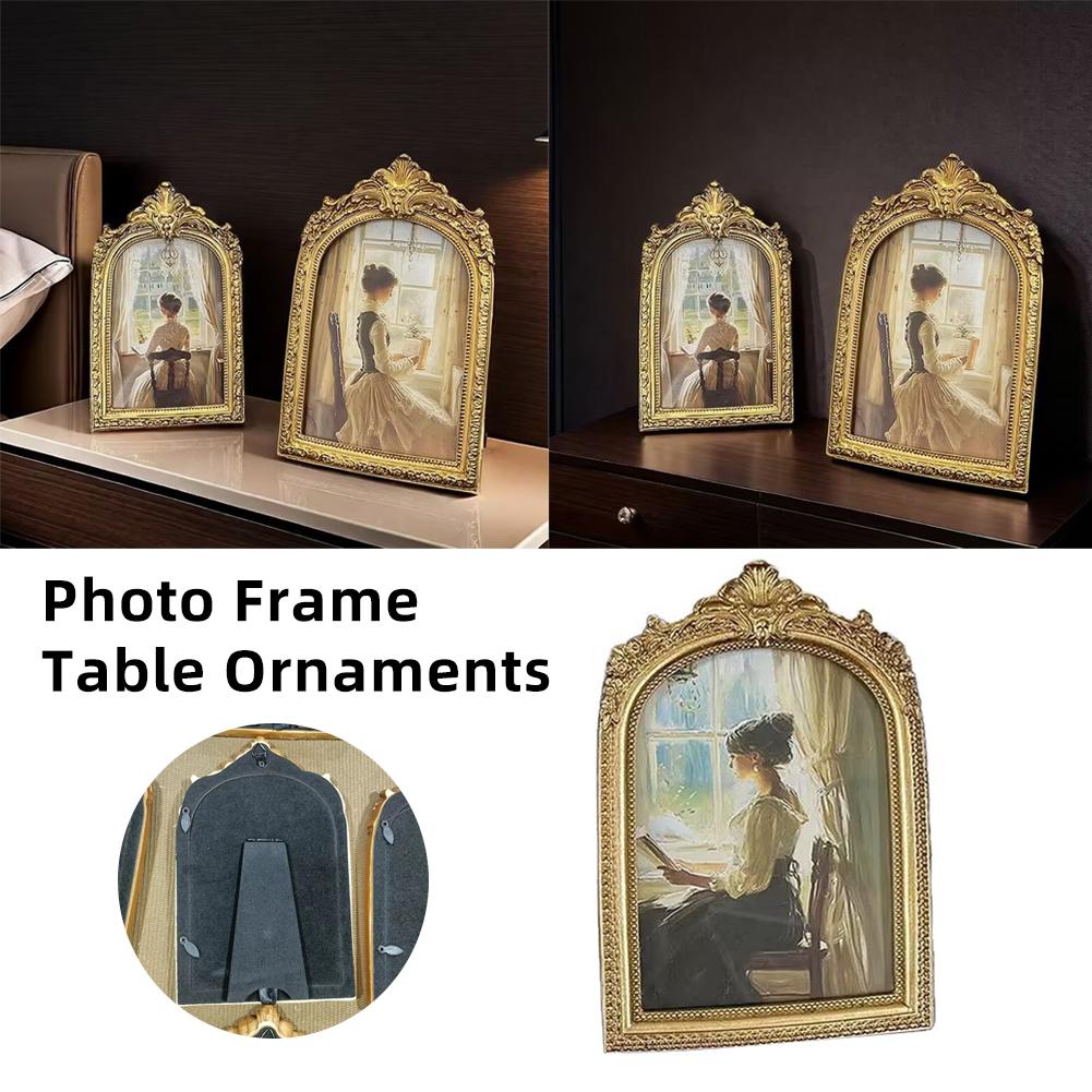 Home Table Decoration Crafts Antique Arch Shaped Photo Frame Gold Color Carved Embossed Resin Picture Frame Holder Wall Hanging